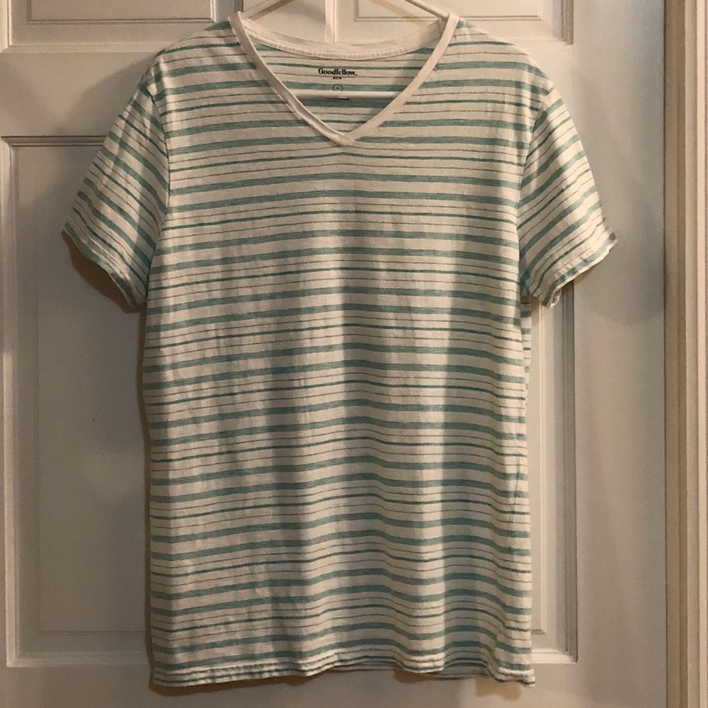 White V-neck t-shirt with blue/green stripes, medium - Picture 3 of 5